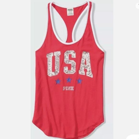 VICTORIAS SECRET PINK USA BLING RACERBACK TANK TOP T SHIRT SEQUINS - Picture 3 of 7